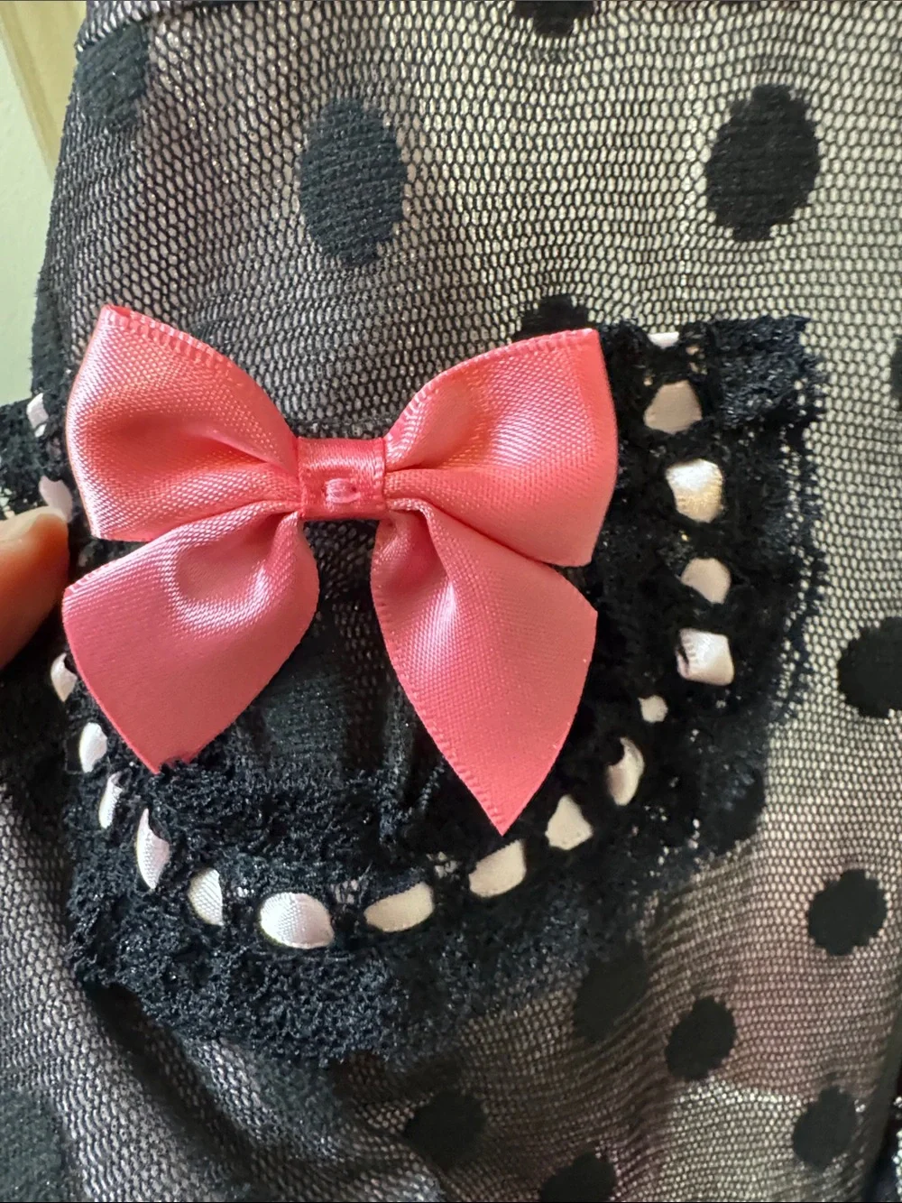 Victoria’s Secret Black Polka Dot Mesh Chemise with Pink Satin Bows 34B